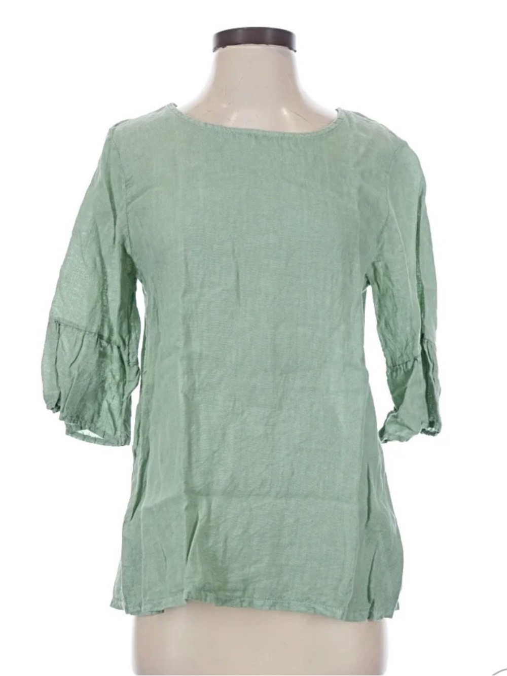 Women's Sage Green Linen-Blend Tunic with 3/4 Ruffle Sleeves